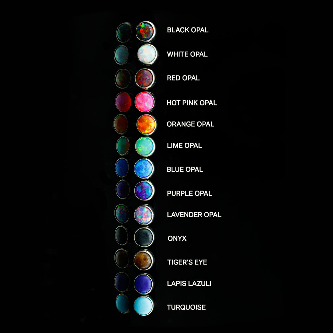 Column of cabochon ends with various opal colors and stones on a black background with color labels.