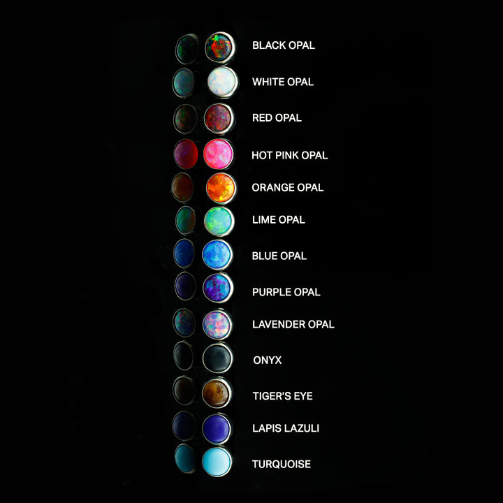 Column of cabochon ends with various opal colors and stones on a black background with color labels.