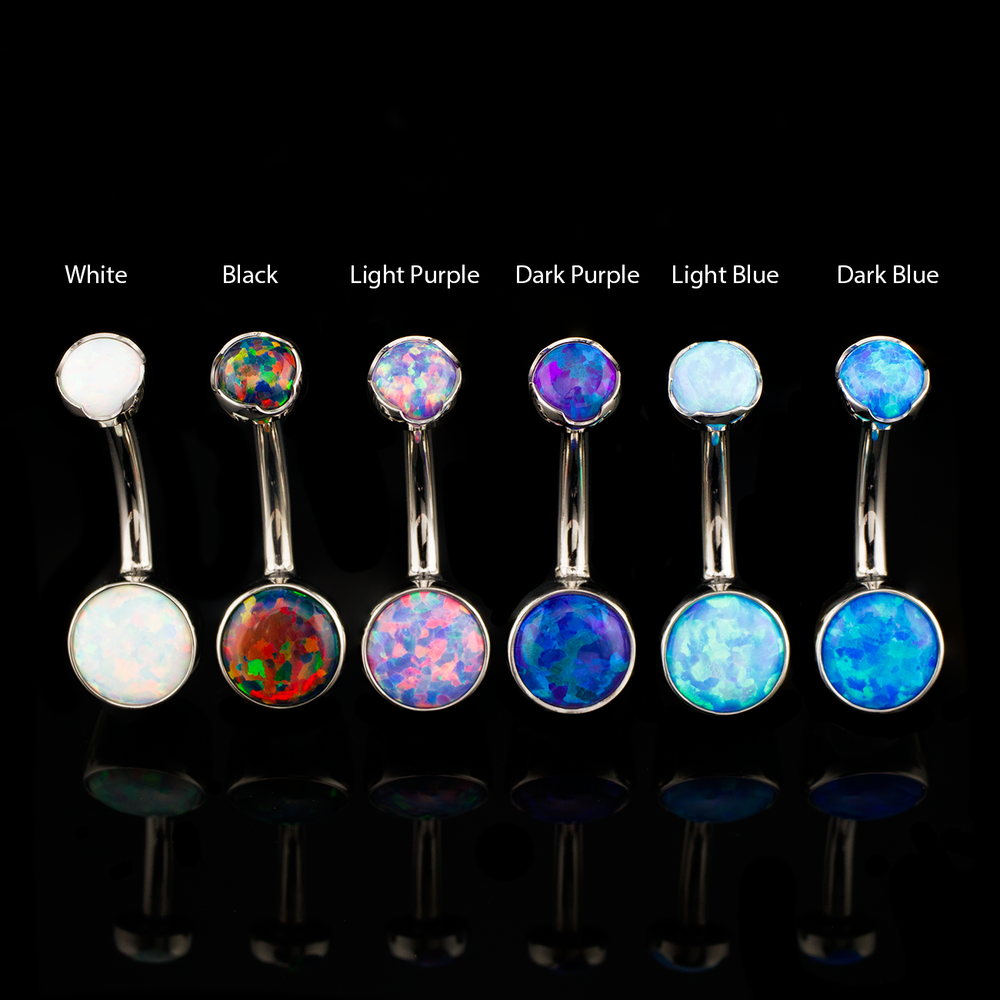 Six belly button jewelry pieces in a row with color labels on a black background.
Belly button ring, navel jewelry