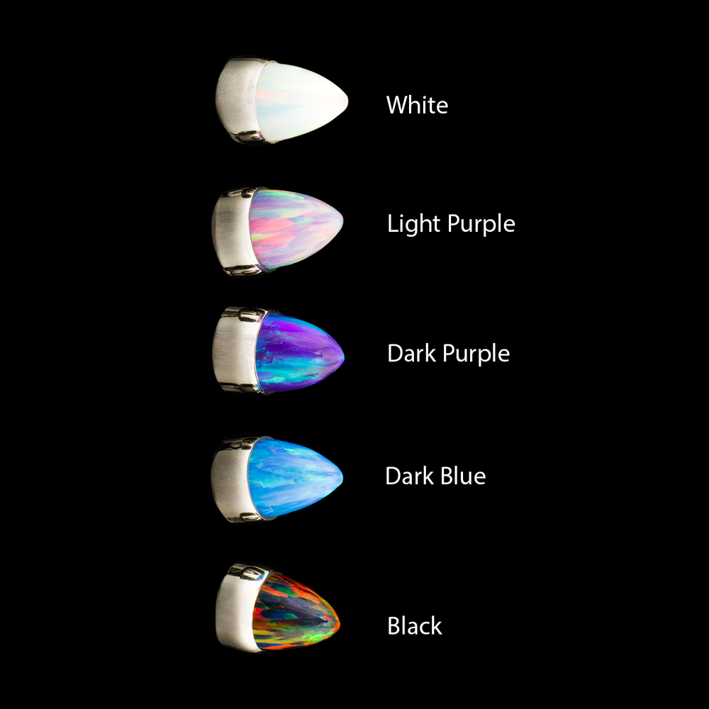 Five colorful faux opal bullets set in an implant grade titanium bezel on a black background with color labels.