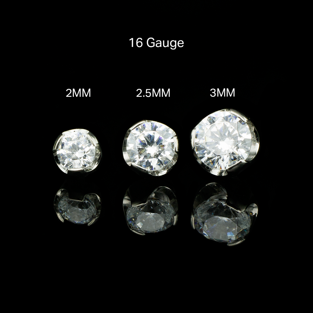 Three 16 gauge threaded prong gem ends in varying sizes on a black background with size labels. 
Implant grade titanium