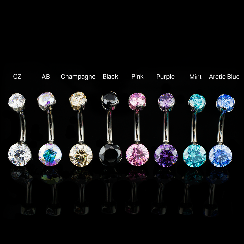 Row of eight Navel curves with faceted gems in varying colors on a black background with color labels.
Belly button ring, Navel jewelry