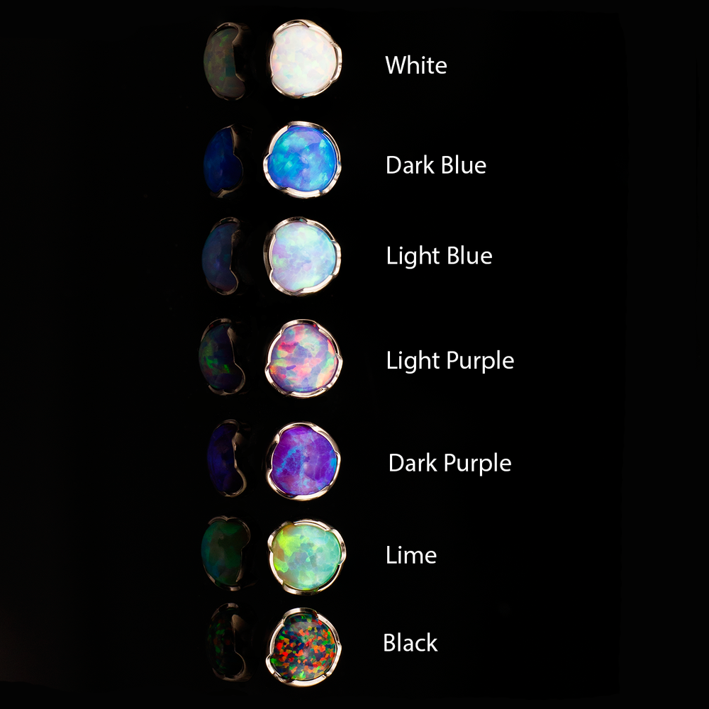 Seven threaded prong cabochon ends in varying colors in a row on a black background. Varying colors of faux opals with color labels.