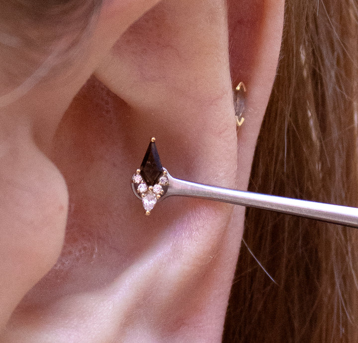 Close-up of an ear with the smoky quartz Afterglow being held up to a conch.