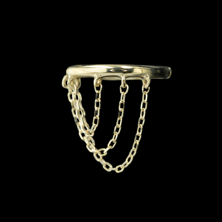 side view of a yellow gold clicker hoop with three ascending sizes of cable chain attached by jump rings. 