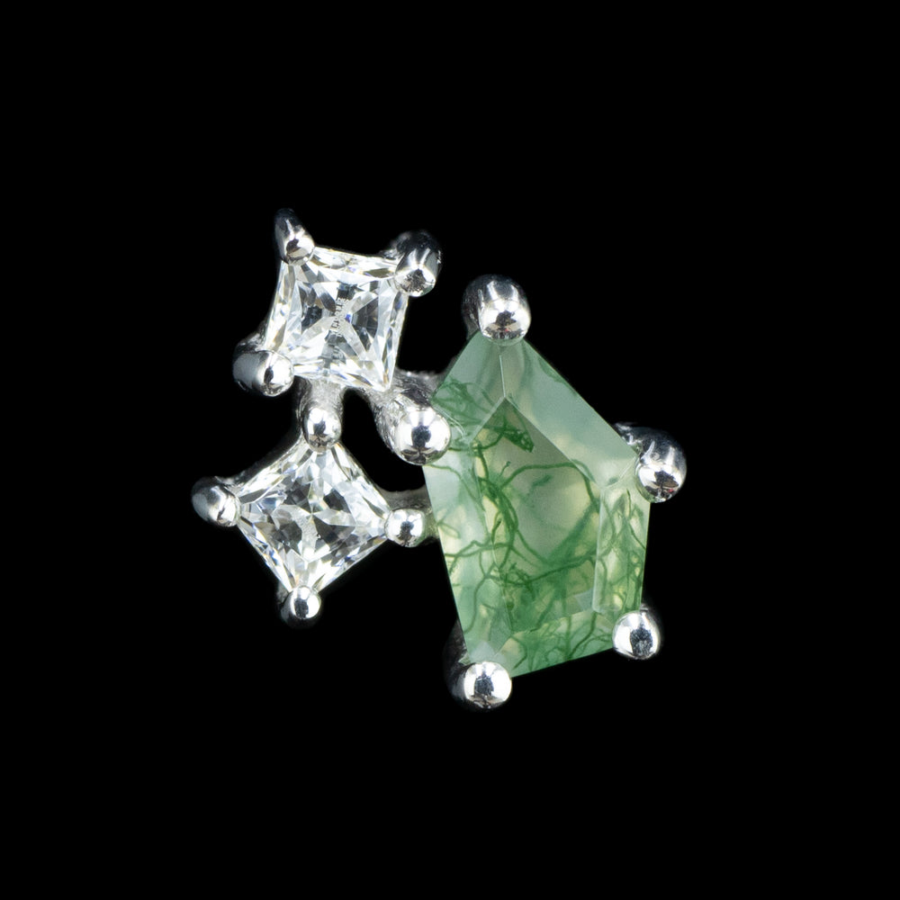 Another white gold Lyra end with a freeform cut Moss Agate stone and two princess cut Swarovski crystals set on one side. Each cut of moss agate is unique featuring a different texture and look.