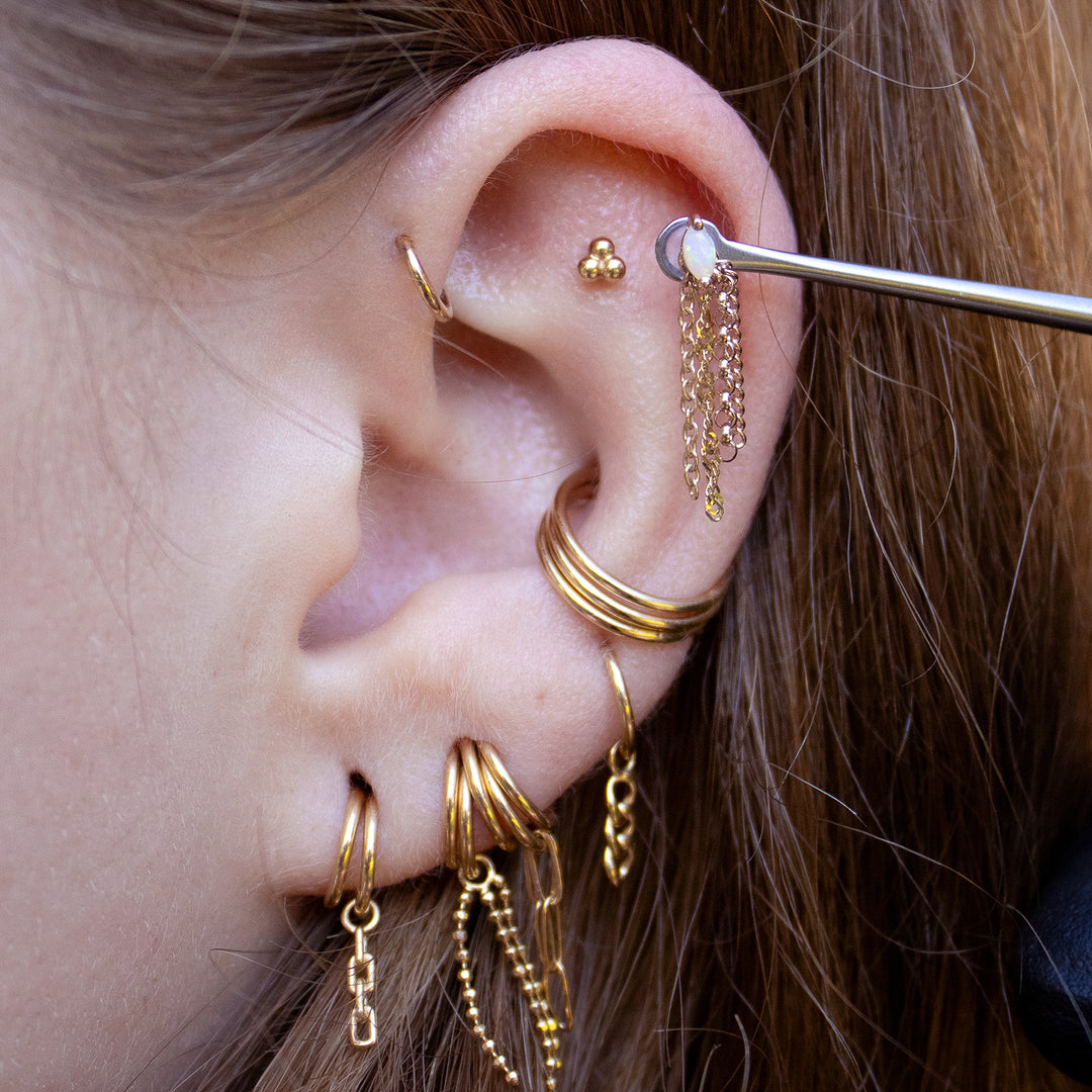 Close-up of an ear with multiple piercings styled with yellow gold jewelry including the white opal zuri, bit o texture charm, 3 bead cluster, seam rings, and many more charms.