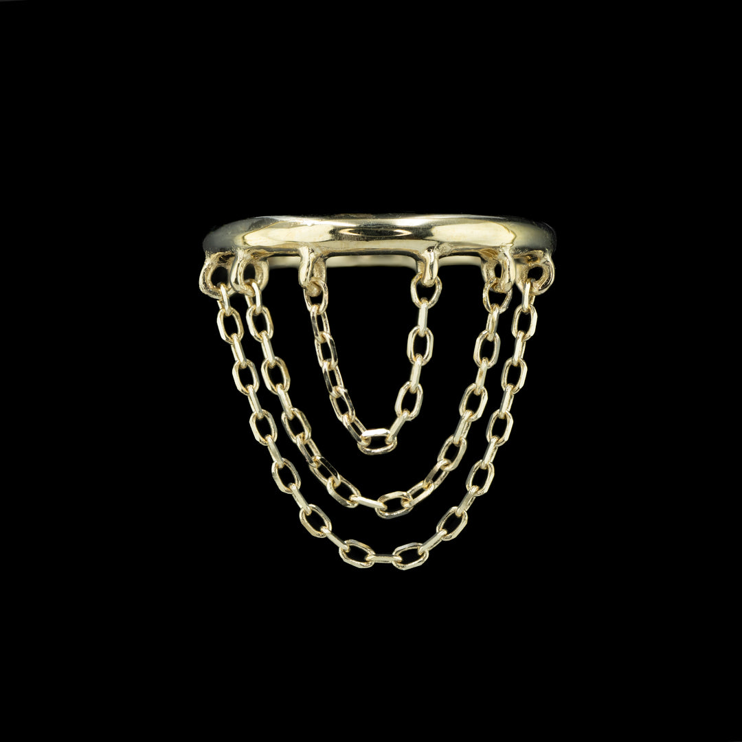 front view of a yellow gold clicker hoop with three ascending sizes of cable chain attached by jump rings. 