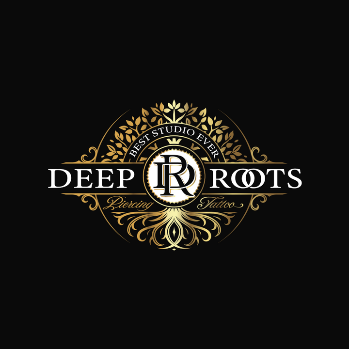 Deep Roots logo. White and gold on black background