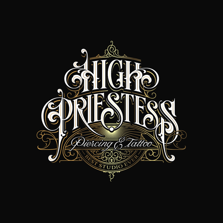 High Priestess logo. White and gold on black background
