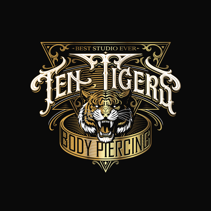 Ten Tigers logo. White and gold on black background