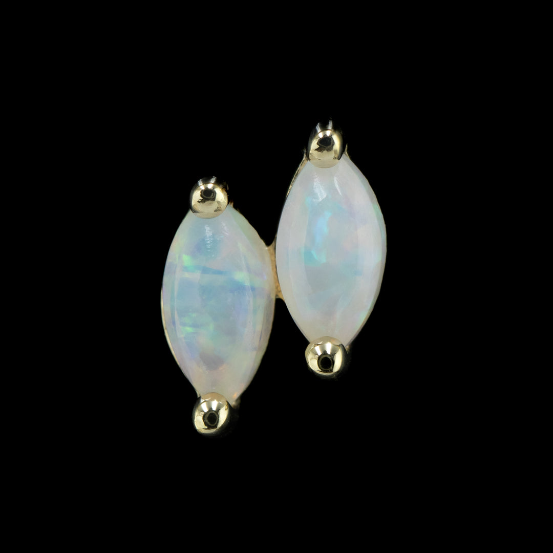 yellow gold earring with two offset genuine marquise cut opals held by two prongs each. 